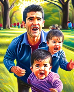 Papá alegre con sus bebes niño y niña jugando y corriendo en el parque felíz cuerpo completo colores complementarios obra de arte pintura al óleo impactante detallado ojos marrones pelo negro hiperrealista 8k coherente niño papá