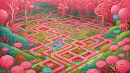 A rosy pink magical maze filled with puzzles painted by Vincent van Gogh