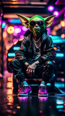 camera angle from feet, portrait of slick lord Gremlin myth buster pimp ninja cyber punk sitting on a hipster car parked in dark fashionably lit reflective wet arcade hall tunnel,bokeh like f/0.8, tilt-shift lens 8k, high detail, smooth render, down-light, unreal engine, prize winning