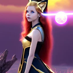 Attractive teenage girl with golden red hair, who is dressed like a witch casting a spell with a quarterstaff on the moon, she has cat ears and blue eyes, has a normal nose, background is realistic space, the girl is on a planet, black goth girl dress, full body portrait, arm colors gradient effect into stars, rendered, unity 3d, unreal engine, dslr, hdr, 4k, edited, photorealistic, normal number of appendages, freckles, artists rendered