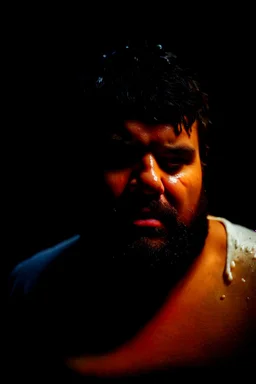 half figure shot photography of an ugly spanish strong chubby unshaved man 28 years old, emotive eyes, ajar mouth dripping white semitransparent glue, with the face wet with white glue dripping, splashes of white semitransparent glue on the face, in the wood at night, unshaved, short hairs, photorealistic, lit by bonfire