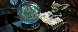 map of labyrinth contained in a glass ball with elemental sigils and symbols on a table beside a book called Rotten Riddles Age with weird illustrations, being read by an fluffy imp gremlin druid librarian in a cyber punk wheel chair in the style of Fallout 4 and Giger