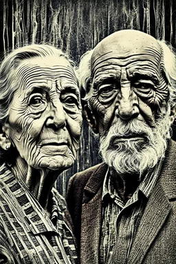 an old couple faces olae vintage photo with stronge glich technique, grey-brown, defects, graininess, white noise, lines, scratches, glitch art