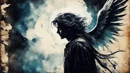 old worn postcard, Portrait Light and darkness in one person, angel and demon in one person, abstract art additional colors small details,