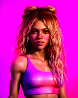 portrait, Shakira, blonde artist, Realistic image, drinking a strawberry milkshake, pink line make-up, sweat, fog, goddess style, Neon colors, leds. Color background, photo studio, concept art, smooth, unreal engine 5, god lights, ray tracing, RTX, lumen lighting, ultra detail, volumetric lighting, 3d, finely drawn, high definition, 4k.