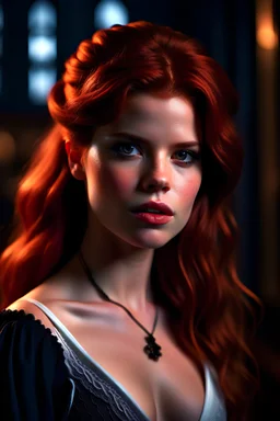 portrait of a beautiful Rose Leslie, long messy red hair, dressed in an oriental corset with exposed shoulders and a choker, standing outside, pale smooth skin, alluring, shy, realistic, cinematic lighting, highly detailed face, very high resolution, looking at the camera, centered