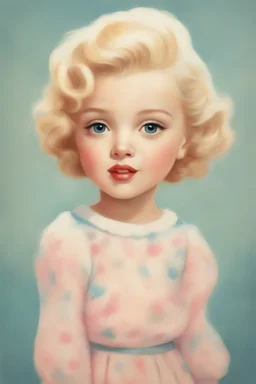 Old illustration of marilyn monroe as a toddler, style of mary blair, pastel colors