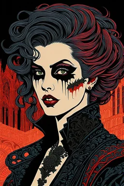 museum quality color woodcut of a dystopian goth punk female vagabond vampire with highly detailed hair and facial features , in the style of Gustave Baumann, with a fine art aesthetic, highly detailed, finely cut ,8k render,