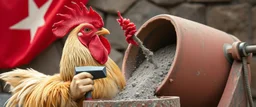kommunist høne med stor slegge og borr fyller betongblander
