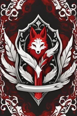 Stylized Emblem of sword, shield, nine fox tails. Red, black, white, RWBY animation style