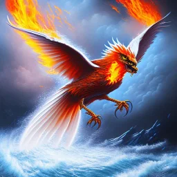 a phoenix with one watery wing and one fiery flaming wing, phoenix bird, realistic, intricately detailed