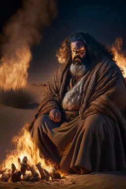 full figure photography of a giant tall 55 year old burly angry chubby arab bearded, curly hair, long beard, manly chest, traditional robe, bulge, angry eyes , photorealistic, ambientmidnight, lit by bonfire, ambient occlusion, occlusion, side light , sitting in the desert