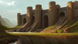 Fantasy art: the giant has closed the hole in the dam with his broad back