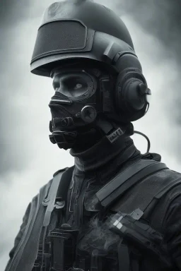 All black German soldier, wearing high tech mask, white smoke, dark, rage, sorrow, high definition, ultra 8 k, volumetric lighting, blue fire, fog