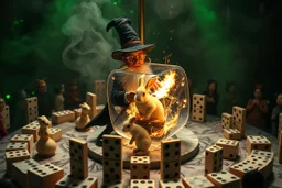 ai magic show on marble labyrinth merrygoround presentation wow effect smoke bunnies awesome awesome gaffa tape dwarf magician with scary hat on awake within a dream inside a circular saw blade Alice in wonderland and cards with crosses and bunny inside a big transparent dice with fire tornado splashing in it all contained within a circle of dominoes that has only green starry color on its background outside and the weirdest screaming audience