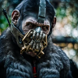 Cyborg, Ape, breathing device, gas mask, respirator Christopher Nolan, Dystopian, Extreme depth of field, bokeh blur, Alberta, all-natural, in the style of candid, imperfection, natural lighting, Fuji Film, Anamorphic lens