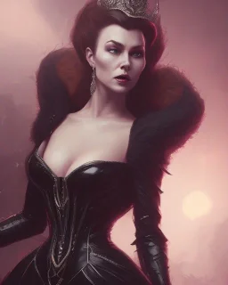 evil queen in black leather gown, busty, cleavage, angry, emperious, 8k resolution concept art portrait by Greg Rutkowski,