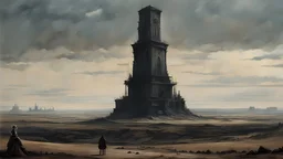 by peter de seve, (masterful but extremely beautiful:1.4), (masterpiece, best quality:1.4) , in the style of nicola samori, cinematography, otherworldly monolithic structure dominates a desolate plain, stark contrast, flat horizon, solitary monument, anamorphic cinematography, shot on arri alexa mini, panoramic view, towering, monumental, barren ground, harsh light, arid, earthy tones, leading lines, desolation, anamorphic flare, lens distortion, denis villeneuve style, brutalism, minimalism cu