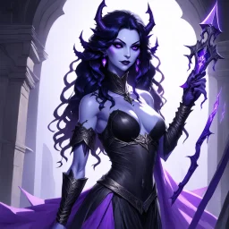 drow elf woman, sorceress, enchantress, dark hair, purple skin, demonic, digital art, dark fantasy