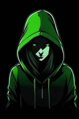 hacker girl in a hooded sweater as black and green as for a logo