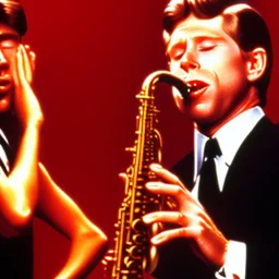 eyes closed REd-haired ron howard as richie from happy days Is playing the saxophone with his "eyes closed", rock band, saxophone lips