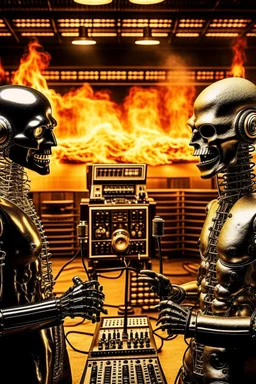 Two radio hosts are face to face in a burning radio studio. The host on the left is a bald human metal fan. The host on the right is a ridiculous robot.