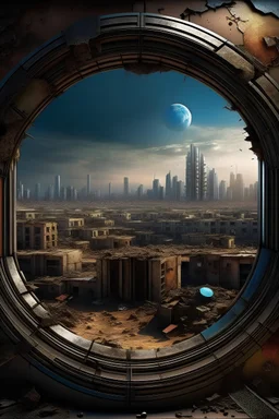 rare planet view through a window, several planets in the sky, post-apocalyptic city in the ground