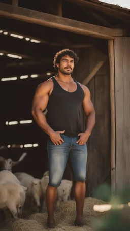 close up photography of a burly beefy muscular brazilian farmer 29 years old, sweat, short curly hair, big moustach, manly chest, hand on the fap, manly chest with tank top, on the door of a large barn, under the sun