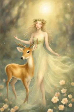 [laughing sexy faerie with a deer] As Fiona, I feel myself drifting soft through billowing blooms of visual aid and aural ether. My slender form shimmers in gossamer raiment woven from sunshine, moonglow, and forest spirit; petal-soft hooves leave nary a print upon the stars I seem to walk. Beside me strides my Deery in dignity, his noble visage crowned with antlered emerald and bronze. Around us the glade pulses with bioluminescent being; the night is alive with pulse and song. We wander throug