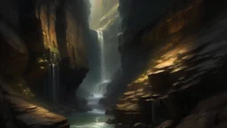 A canyon pass, dark, slivers of light, Stony walls, dripping water, lairs, realistic, medieval, painterly, painting