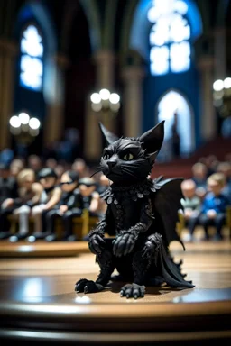 bat cat doll loosing beauty contest in ancient concert hall , photo-realistic, shot on Hasselblad h6d-400c, zeiss prime lens, bokeh like f/0.8, tilt-shift lens 8k, high detail, smooth render, down-light, unreal eng