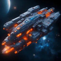 highly detailed generation ship in Deep space , blue orange lights , luminescent , 35 mm focal length