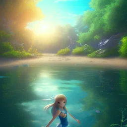 Anime little girl day, sunny, relaxing, sea, trees, real details anime style, realistic, glowing beach, 8k