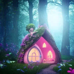 a fairy house pink and blue, in the woods, spring, 8k, flickering light, centered, high-quality, fine-detail, digital art, detailed matte, volumetric lighting, illustration, 3D octane render