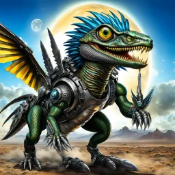 Lucky Stryker, Jet eagle lizard human combination, biomechanical surrealism, 4 limbs, 2 metallic wings, one jet engine, 2 eyes, big toothy smile