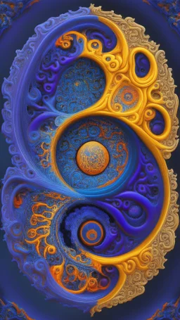 yin-Yang symbol, hyper detailed, photorealistic, hyper detailed, hyper defined, orange, azul, purple, yellow, DMT art