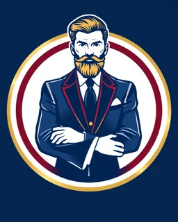 A circular logo with a vector of a handsome groom or beard and mustache with a formal suit at the top of the logo in a blue, red, white, gold, and silver color theme.
