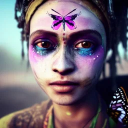 butterfly slumlord gypsie, A soft portrait of a woman, insane facial make-up detail, ambient detail, depth of field, dirty make-up, crystalized complimentary colors, queen, atmospheric, realistic, unreal engine, lighting, octane render, proportional, national geographic haze,