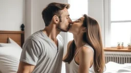 Couple in love kissing on the bedroom at home. Loving boyfriend and girlfriend sharing love together.