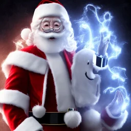 All Black Santa, ghost, wearing high tech mask, white smoke, dark, rage, high definition, ultra 8 k, volumetric lighting, blue fire,