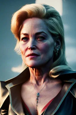 younger sharon stone as evil queen in leather, cleavage, angry, stern look, unreal 5, octane render,cinema4d, dynamic lighting, dramatic lighting, 4k, redshift render, highly detailed, hyper realistic