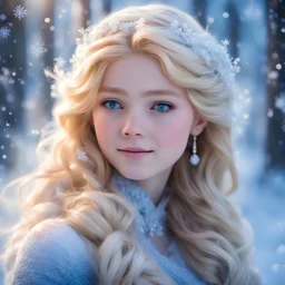 In snowfall's embrace, a beauty unfolds, A girl adorned in icy white, her spirit bold, Golden hair gleams, like the sun's soft rays, Lovely eyes sparkle, enchantment in her gaze. Surrounded by frozen landscapes, shimmering and still, She's a vision, like Elsa, frozen world to fulfill, In this magical realm, where sparkling snowflakes twirl, She's a radiant snow princess, a dreamer's pearl.
