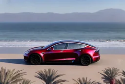 A Tesla 'Model S' is going at a high speed, at the 'Santa Monica State Beach' in California. (CINEMATIC, WIDE ANGLE LENS, PHOTO REAL)