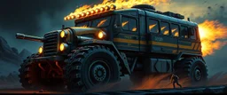 Monster mega panzer bus blues, driving to the fight, Metal riffs echo through the night. Coins in his pocket, smiles all around, He’s the happiest driver in all the battleground. (Verse 2) Goblins shout, axes clink and gleam, The kids are gone, but he keeps his dream. Horn goes “BRRRAAAM,” the drums collide, make it realistic 3d graphics in the style of gta 6