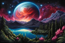 on an alien world withing the Orion Nebula, the lake reflecting the nebula in all its magnificent beauty, by night, the gas clouds and stars take up the whole sky and is reflected in the water, alien otherworldly plant like life forms unlike those of earth :: extremely detailed, intricate, photorealistic, beautiful, high detail, high definition, pencil sketch, deep color, acrylic, award winning, crisp quality