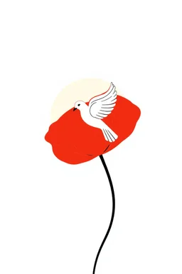 simple outline of a red poppy with a white dove hovering over it and a sun in the background