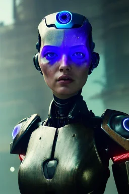 portrait,beautiful robot, post-apocalyptic in a cyberpunk city, realistic, intriacte detail, sci-fi fantasy style, volumetric lighting, particales,highly detailed,cinamatic, deep colours,8k