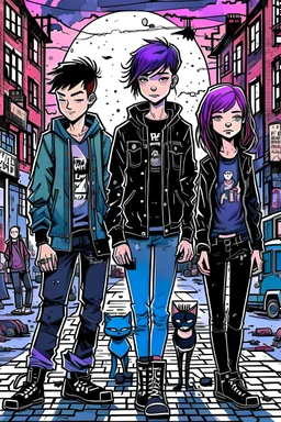 Three teenage street children, two boys and one punk girl, in book-cover poses on the street of a small town plus a black cat as a companion, graphic style, street art style, highly detailed, dark colours, crowd in background