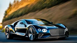 A sleek with livery (((luxury hypercar bentley))), its contours and details perfectly captured in a (((cinematic view))), zipping along a winding road under a beautiful blue fresh morning sky, rear view