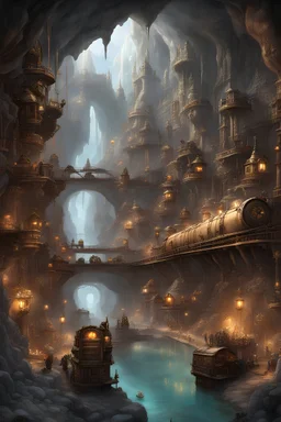 underground steampunk dwarven bustling city with train tracks, a large open cave with stalagmites and crystal lake, golden statues, underground water wheels, decorated by cogs, and steam power